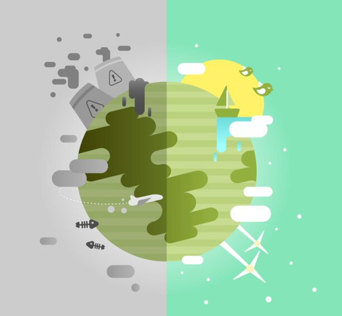 A split world illustration depicting pollution and industrial hazards on one side, and a serene, green environment with renewable energy sources on the other
