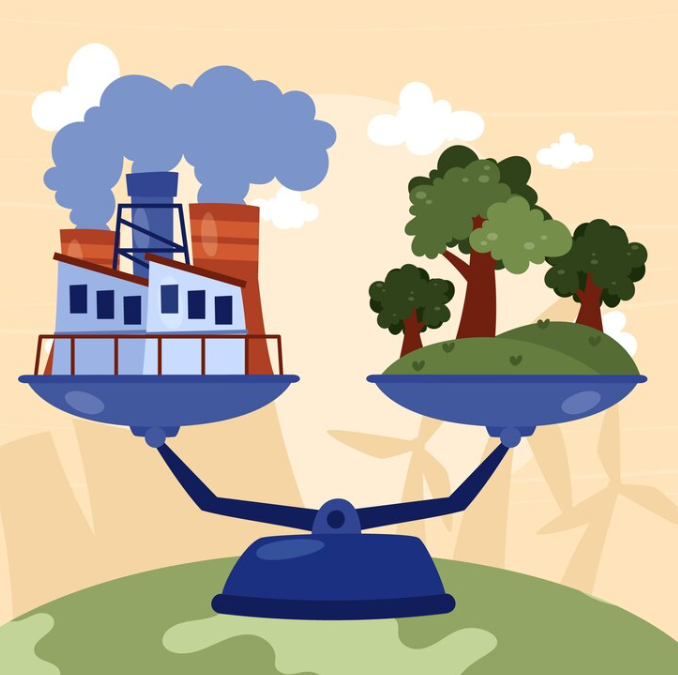 An equilibrium scale balancing a polluting factory emitting smoke with a lush green landscape