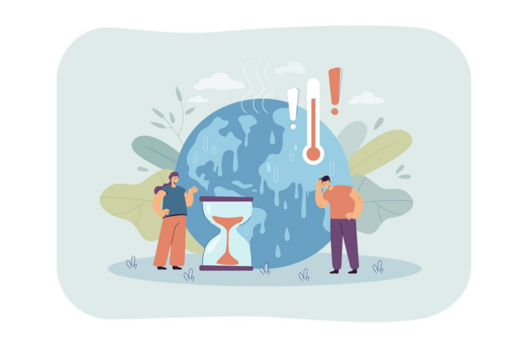 Two individuals observing a melting globe placed atop an hourglass