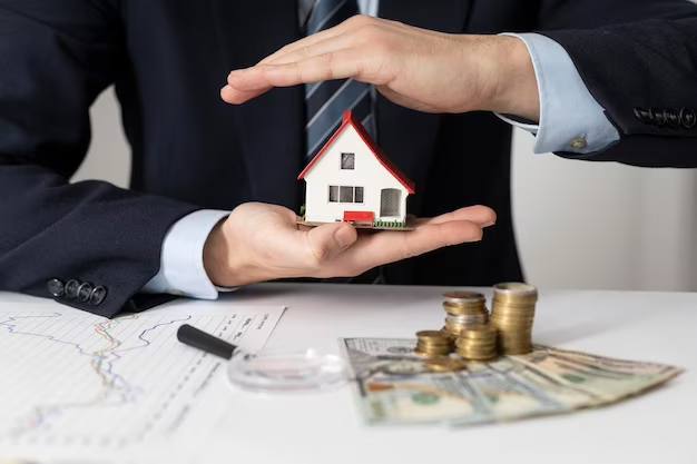 Man holding a small house near coins