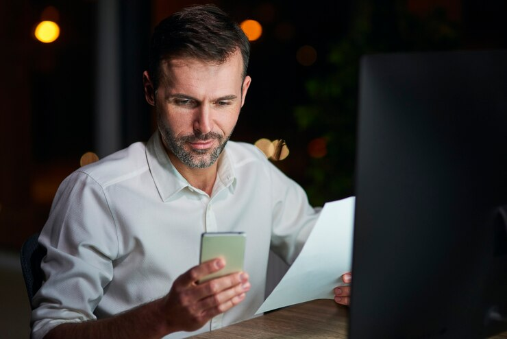 Businessman Using Smartphone at Night