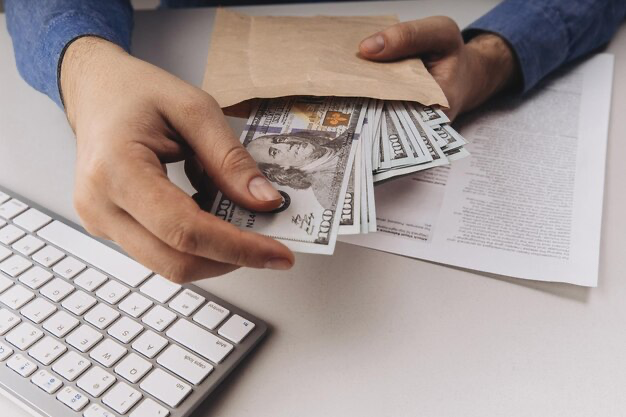 A businessman holding an envelope of dollars