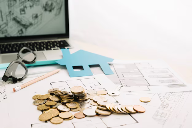 Coins and a figurine of a house on a laptop