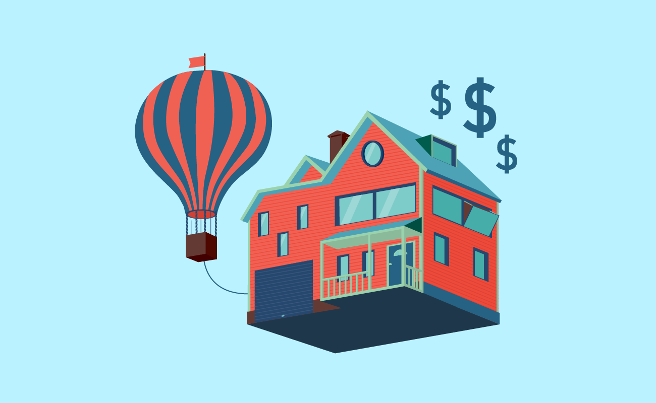 a balloon payment mortgage concept: a floating hot air balloon with a house and dollar signs