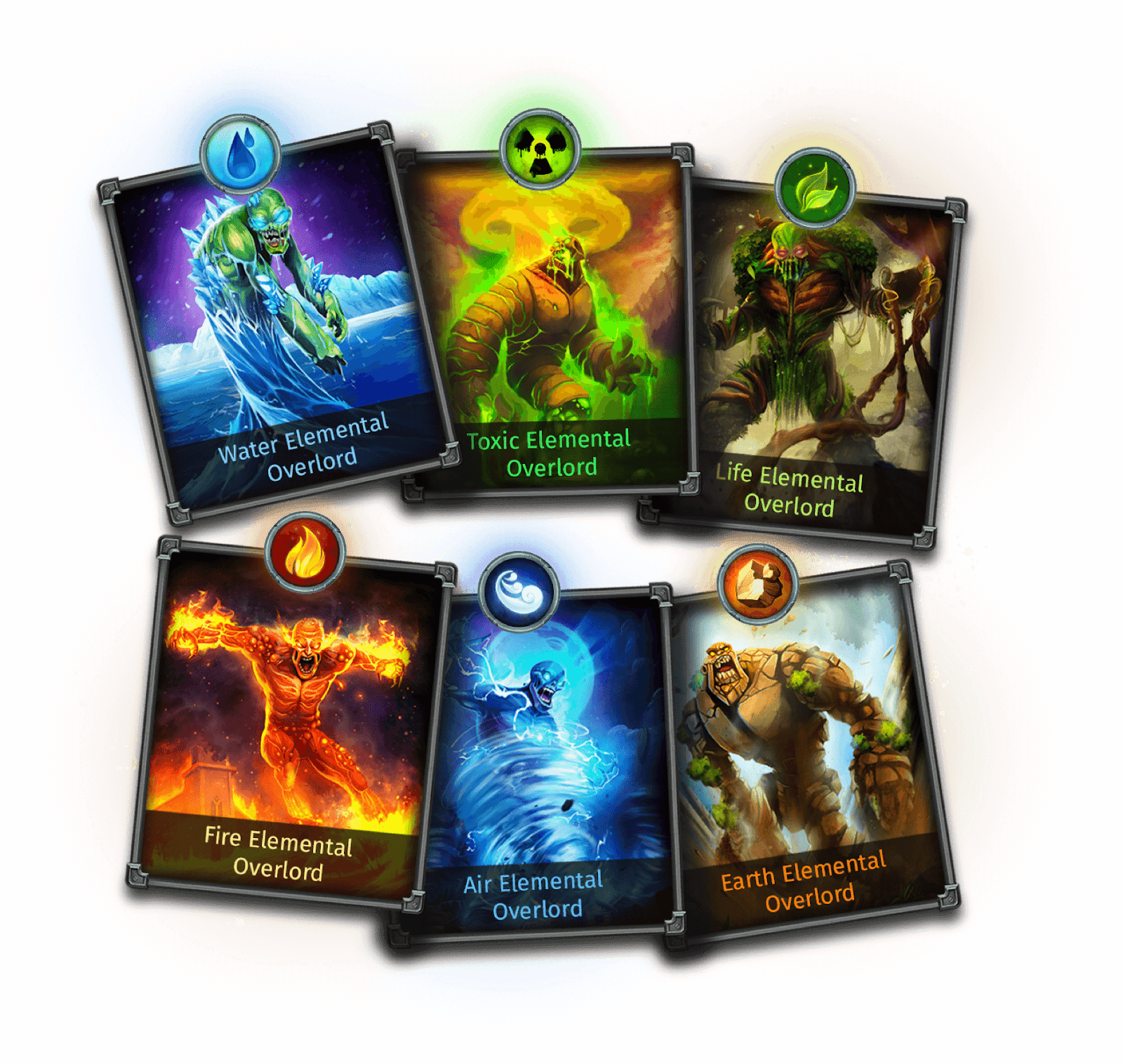 Collectible Card Games (CCG) concept: virtual cards with different Elemental Overlords